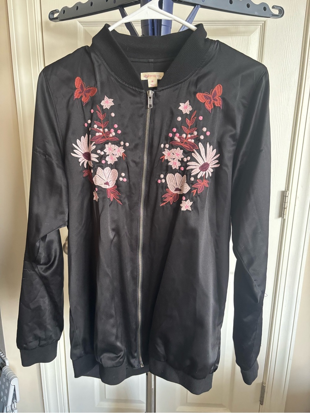 Xhilaration Black Bomber Satin Jacket with Pink & Red Floral Embroidery